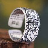 Buddhism Jewelry Like Vintage And Old Real Silver Plated Prajna Paramita Heart Sutra Lotus Ring
