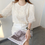 French Hollowed-out Lace Top In Pure Color With Short Sleeves
