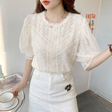 French Hollowed-out Lace Top In Pure Color With Short Sleeves
