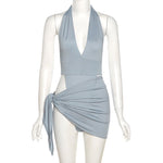 Gray-blue Two-piece Swimsuit With Snap Button To Wear Outside Swimsuit
