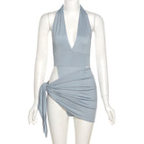 Gray-blue Two-piece Swimsuit With Snap Button To Wear Outside Swimsuit
