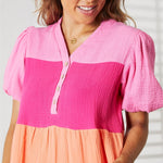 Double Take Color Block Buttoned Puff Sleeve Dress
