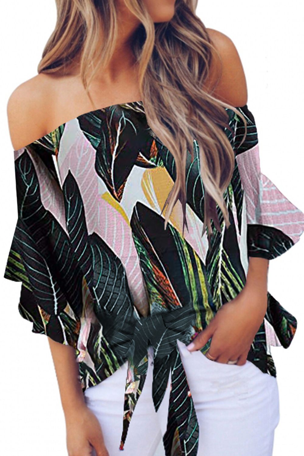 Tied Printed Off-Shoulder Half Sleeve Blouse
