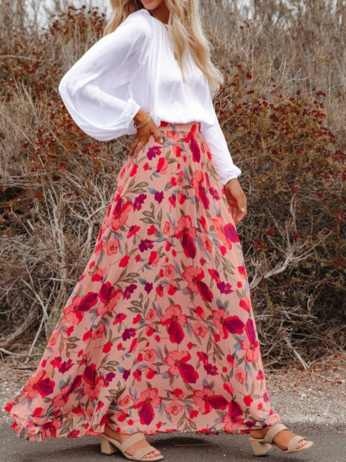 Printed Elastic Waist Pleated Maxi Skirt
