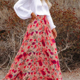 Printed Elastic Waist Pleated Maxi Skirt
