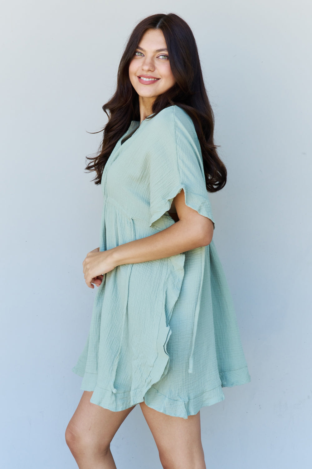 Ninexis Out Of Time Full Size Ruffle Hem Dress with Drawstring Waistband in Light Sage
