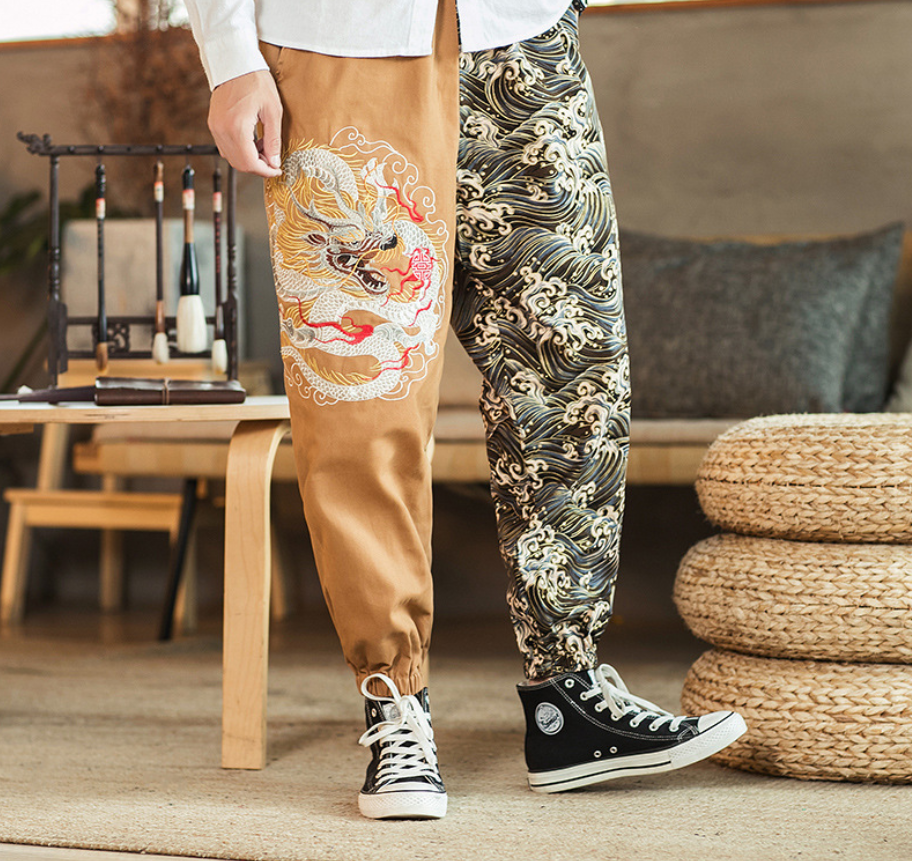 Embroidered silver dragon trousers
