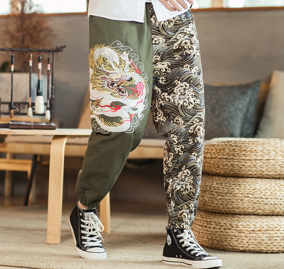 Embroidered silver dragon trousers
