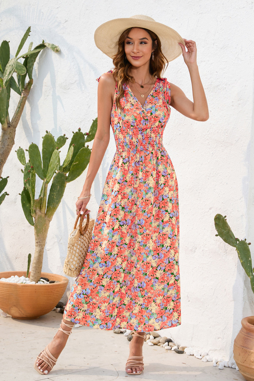 Smocked Printed Surplice Sleeveless Dress
