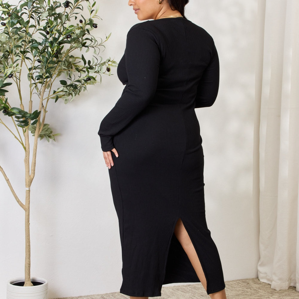 Culture Code Full Size Ribbed Long Sleeve Midi Slit Dress
