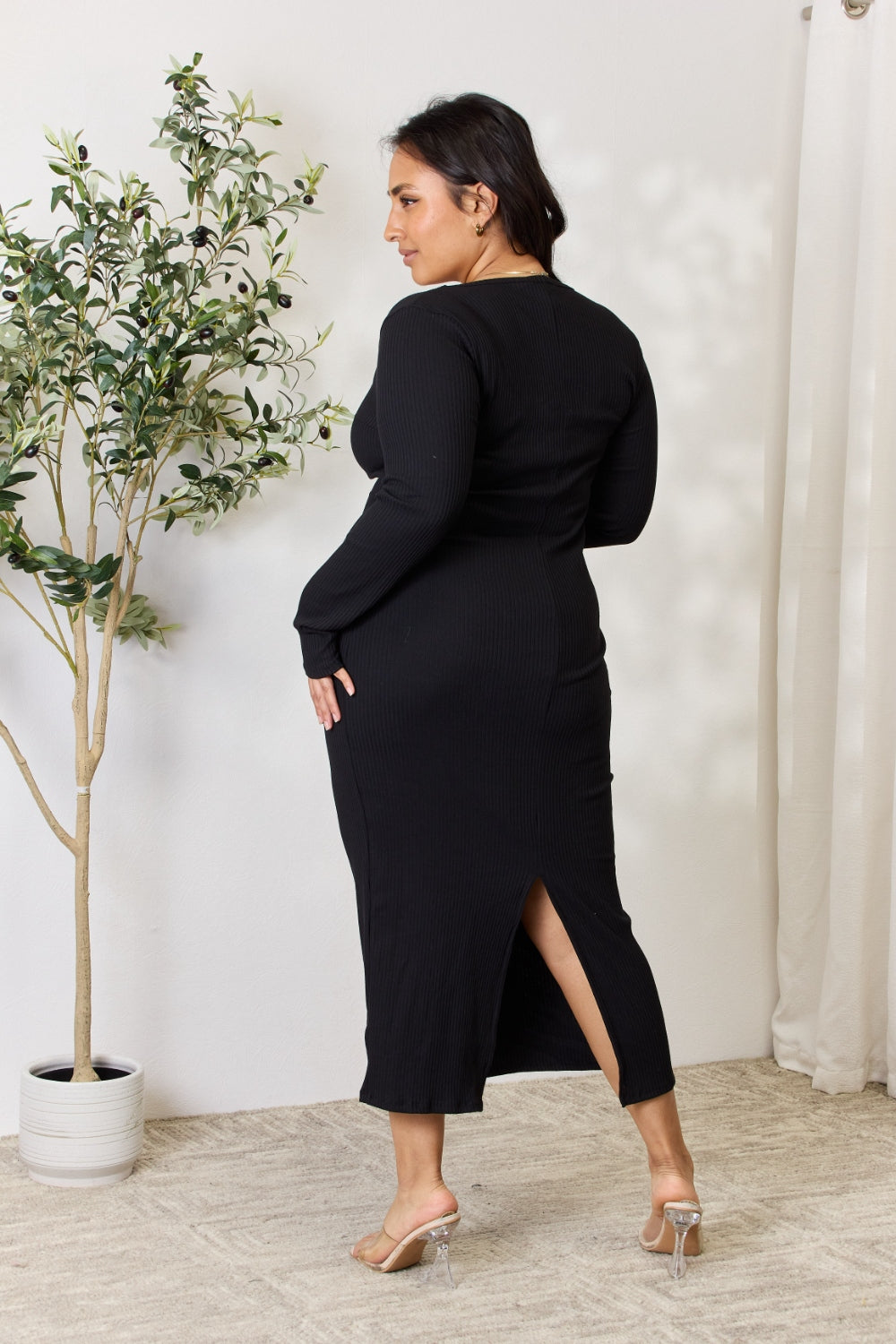 Culture Code Full Size Ribbed Long Sleeve Midi Slit Dress
