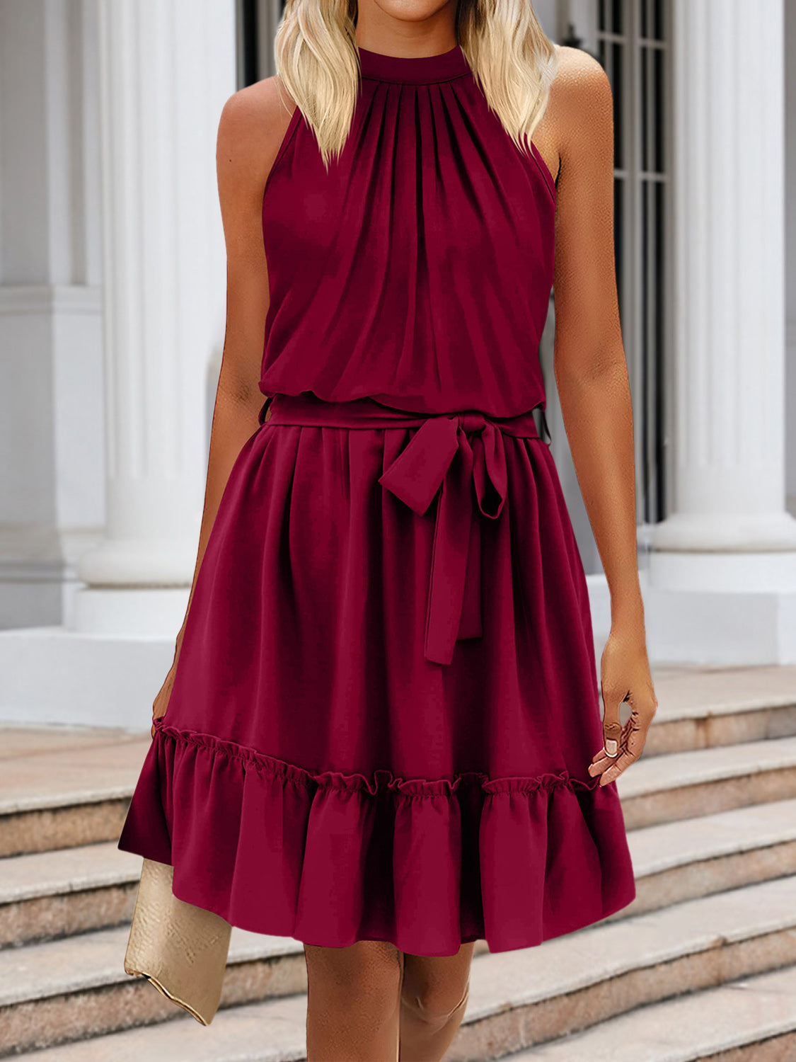 Ruched Grecian Neck Tie Waist Mini Dress
