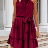 Ruched Grecian Neck Tie Waist Mini Dress
