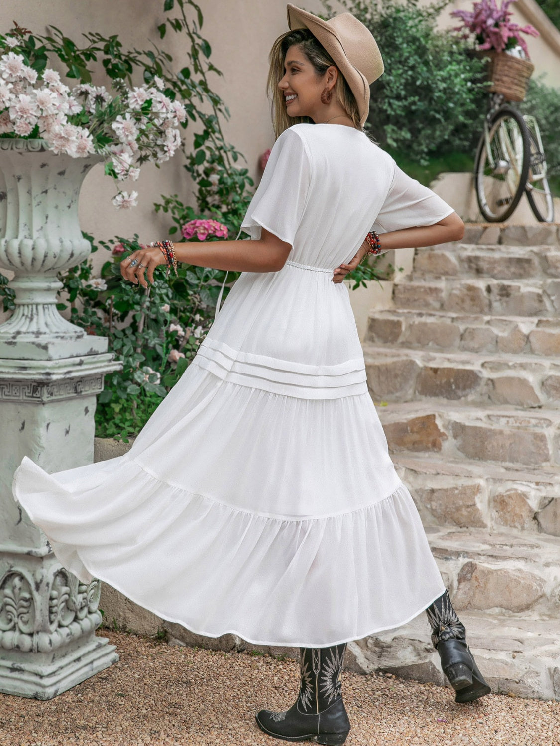 Tie Neck Short Sleeve Ruffle Hem Dress
