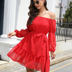 Swiss Dot Off-Shoulder Balloon Sleeve Dress
