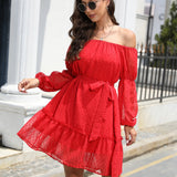 Swiss Dot Off-Shoulder Balloon Sleeve Dress
