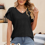 Eyelet V-Neck Petal Sleeve T-Shirt
