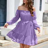 Swiss Dot Off-Shoulder Balloon Sleeve Dress
