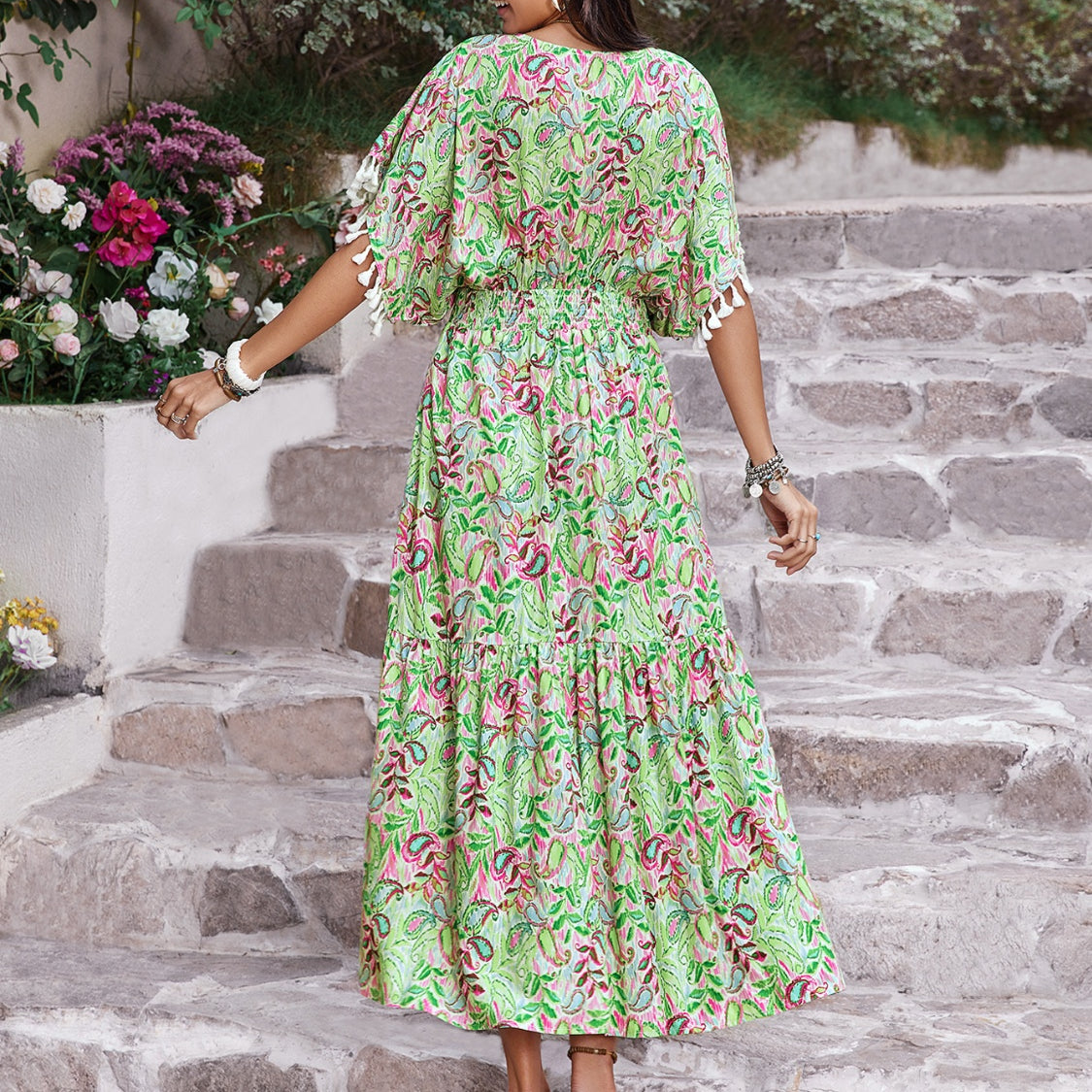 Smocked Floral V-Neck Short Sleeve Dress
