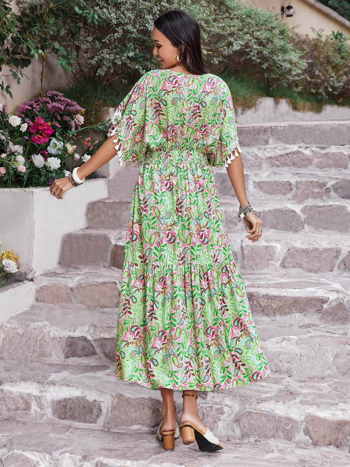 Smocked Floral V-Neck Short Sleeve Dress
