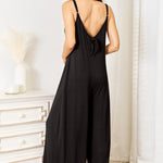 Double Take Full Size Soft Rayon Spaghetti Strap Tied Wide Leg Jumpsuit
