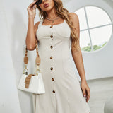 Button Up Square Neck Wide Strap Dress
