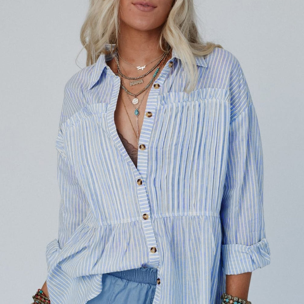 High-Low Striped Collared Neck Long Sleeve Shirt
