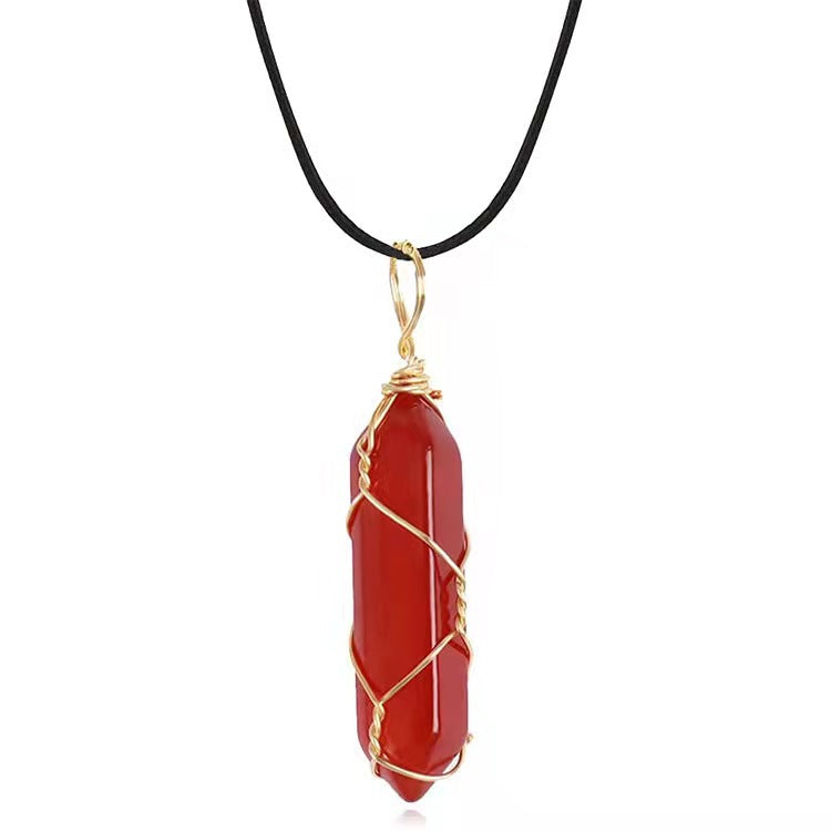 Copper Wire Winding Red Crystal Hexagonal Prism Pendant Necklace
