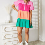 Double Take Color Block Buttoned Puff Sleeve Dress
