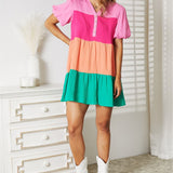 Double Take Color Block Buttoned Puff Sleeve Dress
