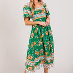 SAGE + FIG Printed Smocked Short Sleeve Midi Dress
