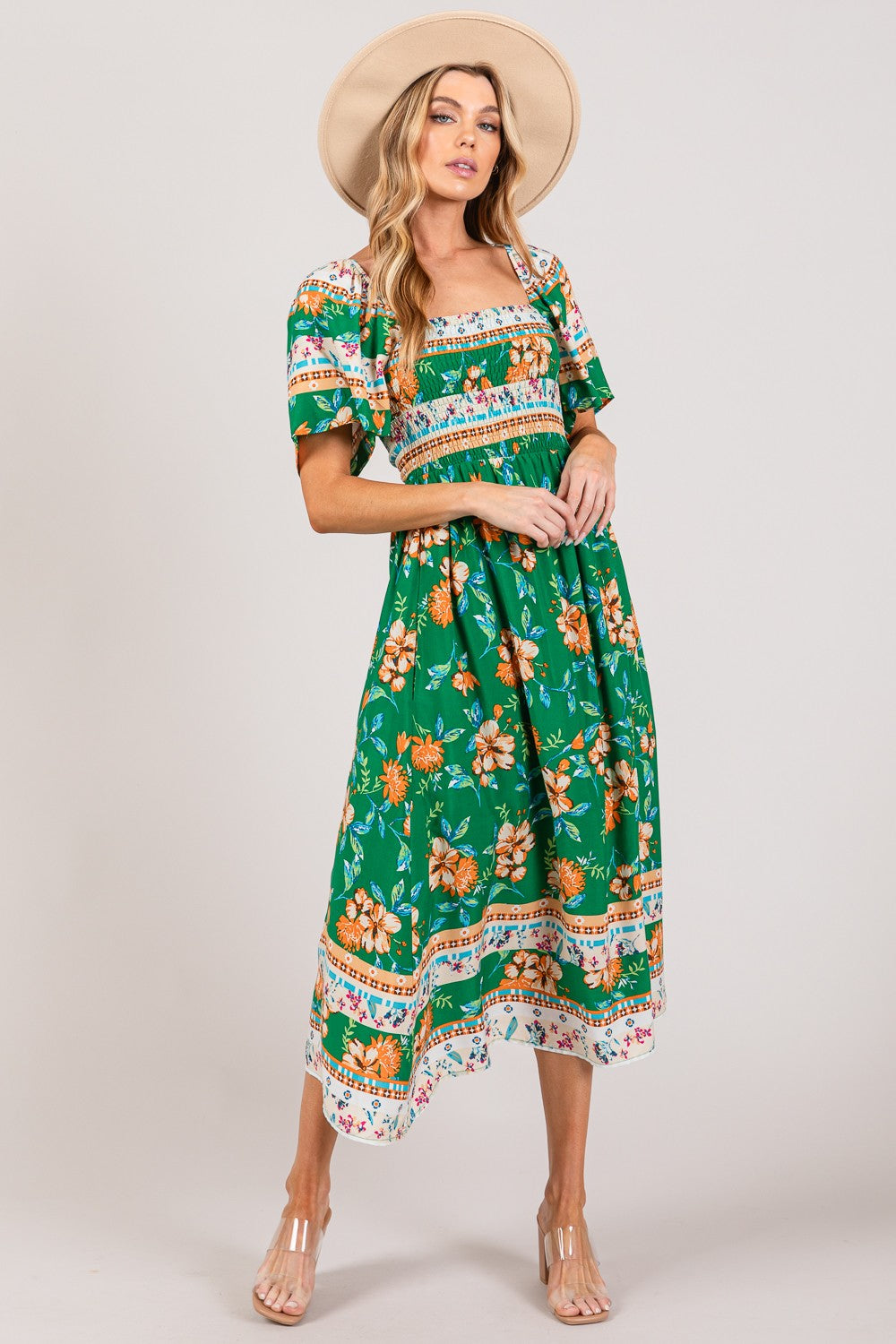 SAGE + FIG Printed Smocked Short Sleeve Midi Dress
