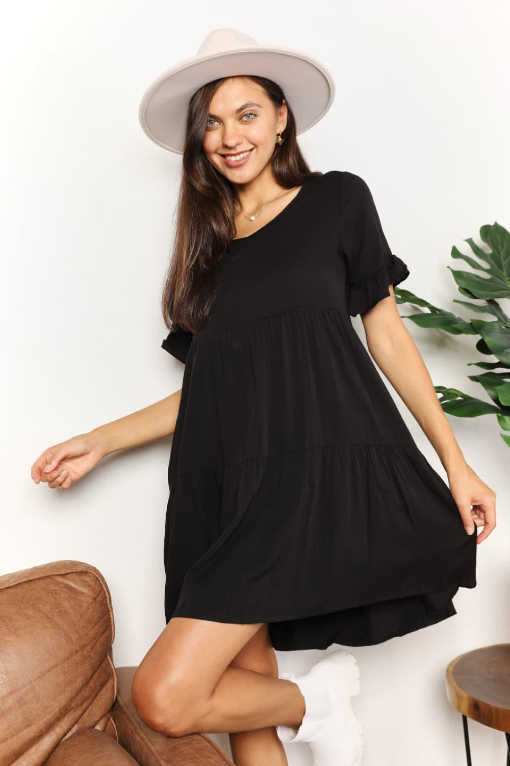 Double Take V-Neck Flounce Sleeve Tiered Dress
