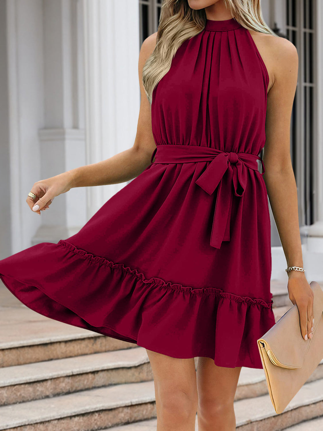 Ruched Grecian Neck Tie Waist Mini Dress
