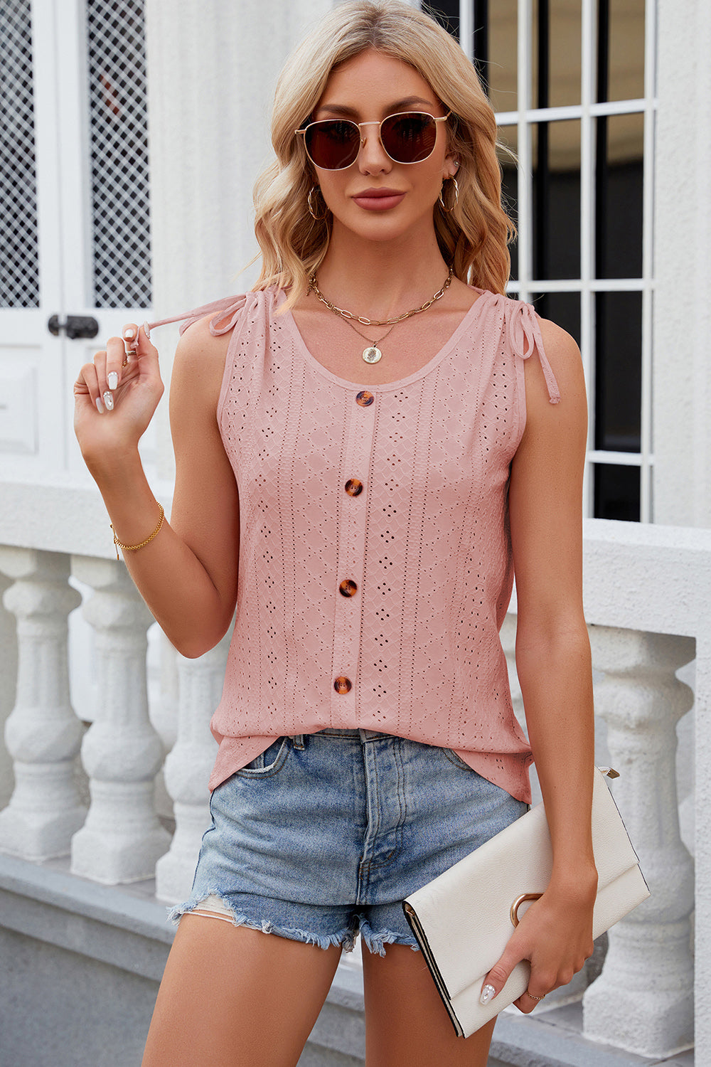 Eyelet Round Neck Wide Strap Tank
