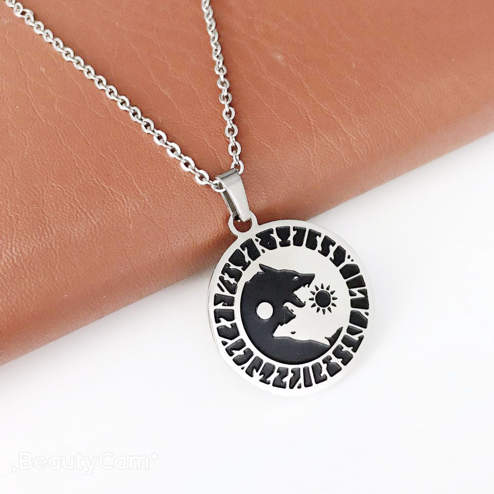 Wolf Head Sun Moon Necklace Titanium Steel Viking  Pendant
