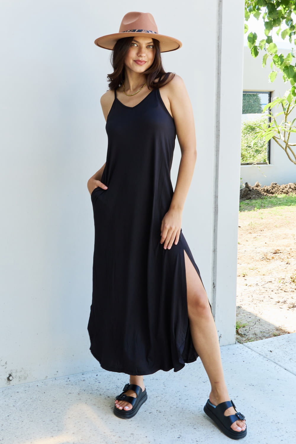 Ninexis Good Energy Full Size Cami Side Slit Maxi Dress in Black
