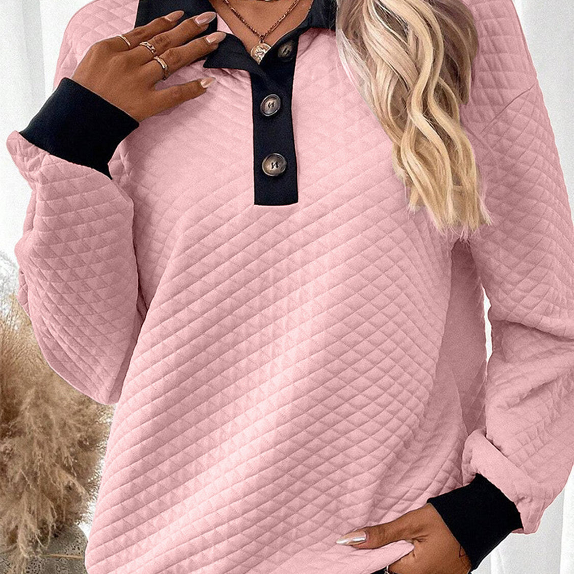 Texture Quarter Button Long Sleeve Sweatshirt
