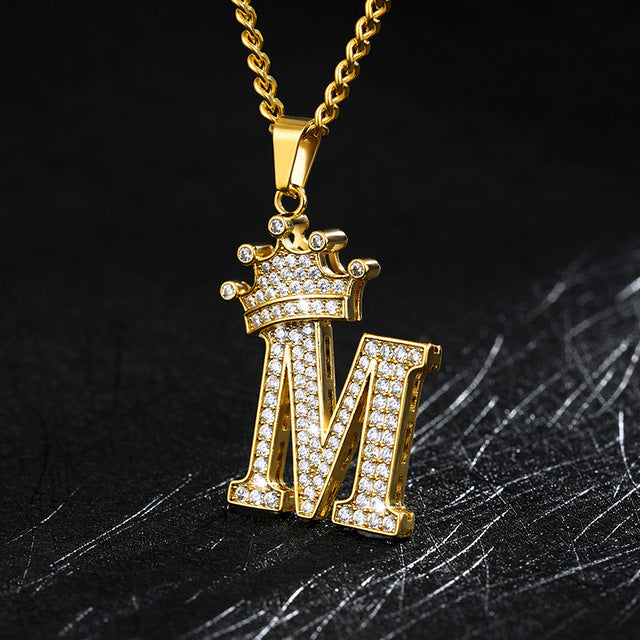 Crown Pendant Stainless Steel Letter Necklace
