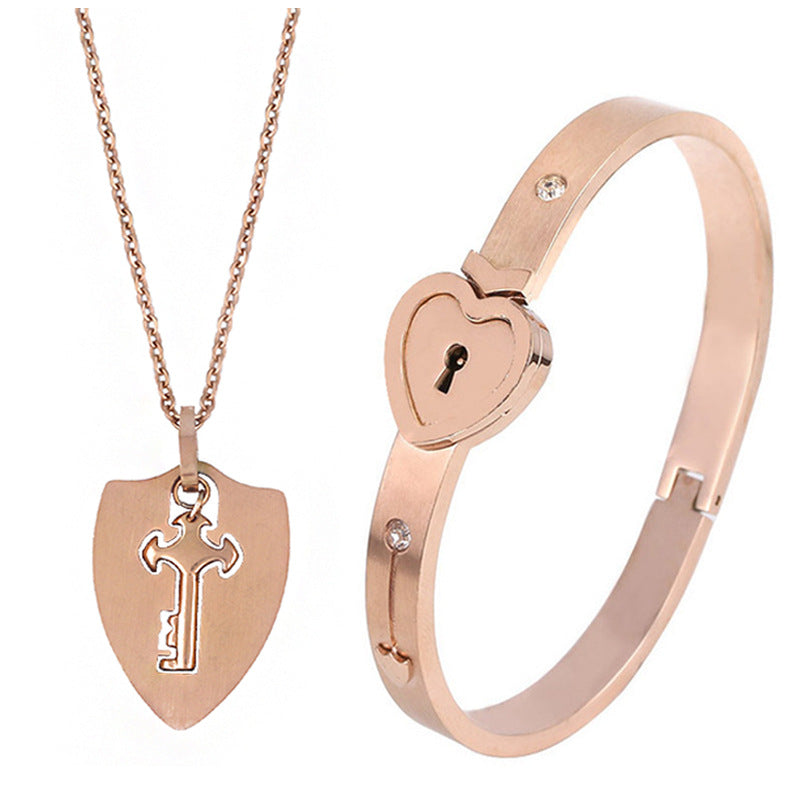 Titanium Steel Couple Love Lock, Bracelet, Key Set, Necklace
