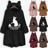 Hooded Pullover Cat Print Long Sleeved Reversible Velvet Sweater
