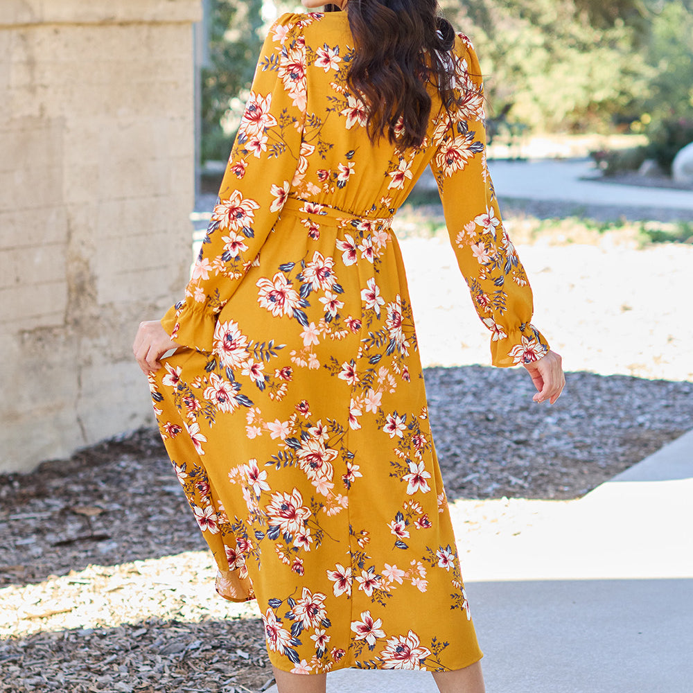 Double Take Full Size Floral Tie Back Flounce Sleeve Dress
