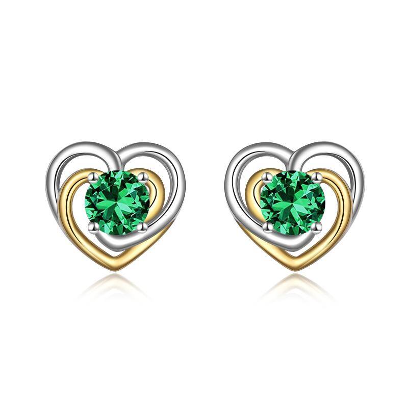 925 Sterling Silver Heart Stud Earrings With May Birthstone Emerald
