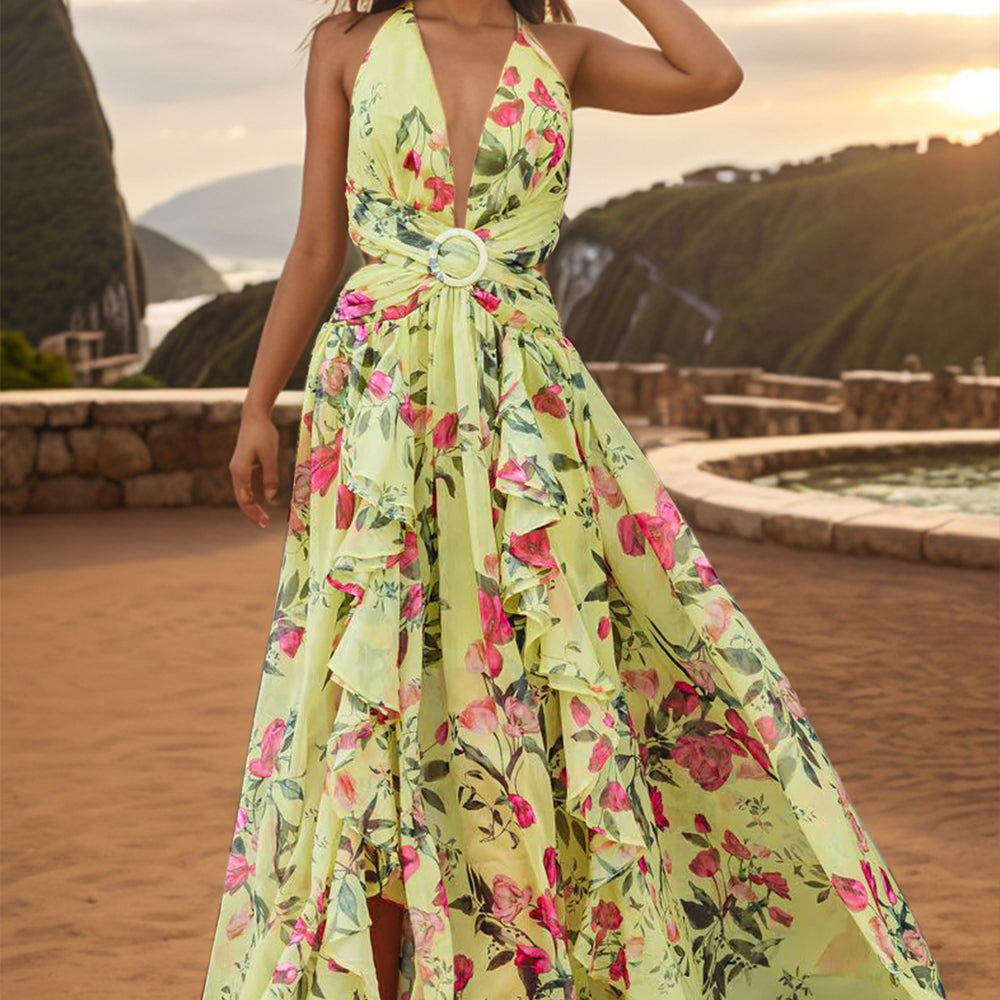 Backless Printed Plunge Sleeveless Dress
