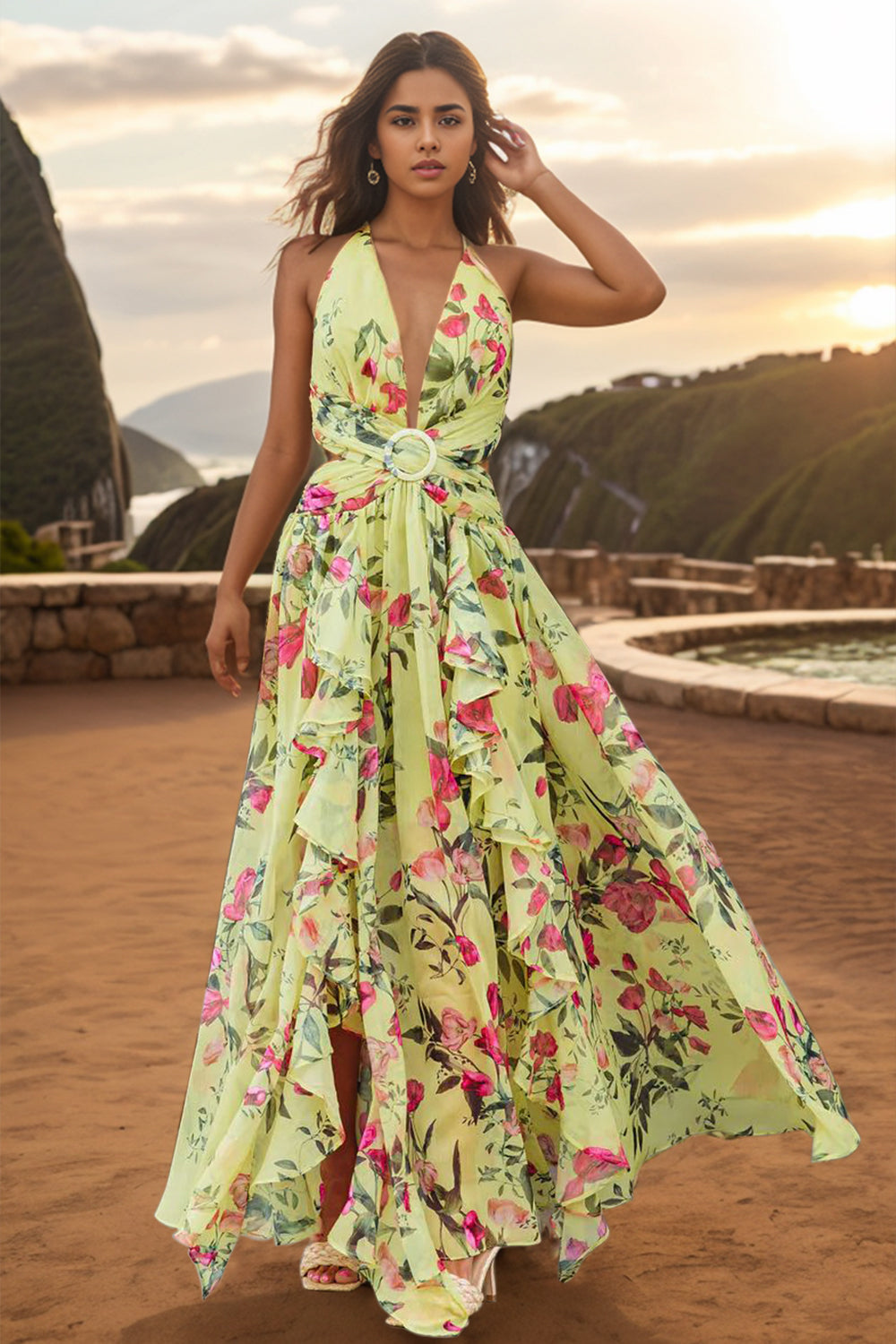 Backless Printed Plunge Sleeveless Dress
