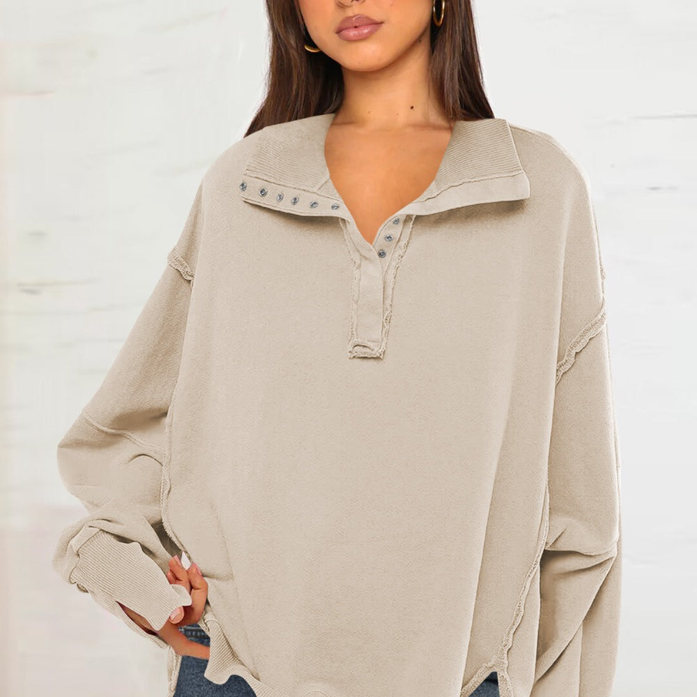 Exposed Seam Side Slit Long Sleeve Sweatshirt
