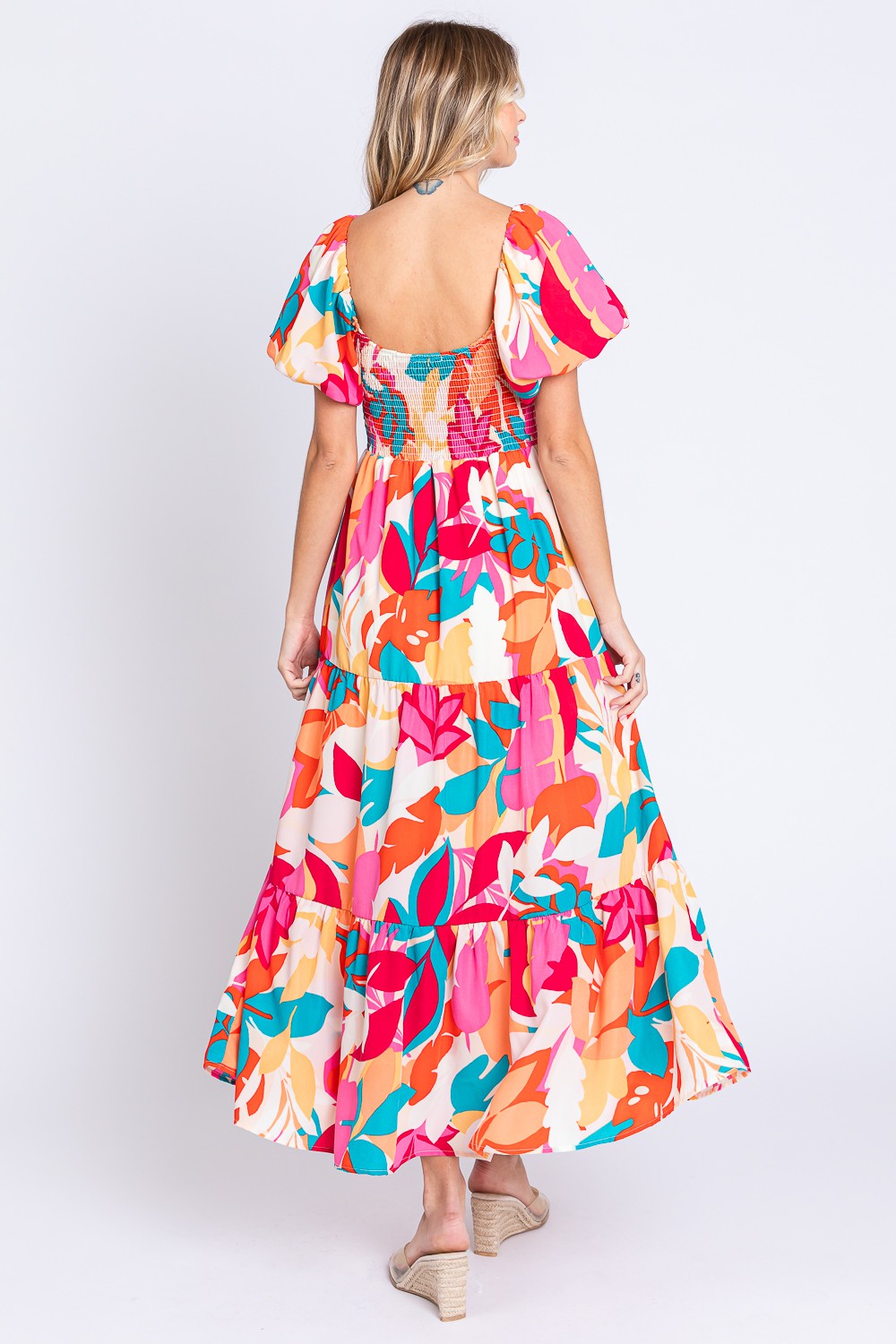 GeeGee Full Size Printed Smocked Back Tiered Maxi Dress
