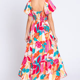 GeeGee Full Size Printed Smocked Back Tiered Maxi Dress
