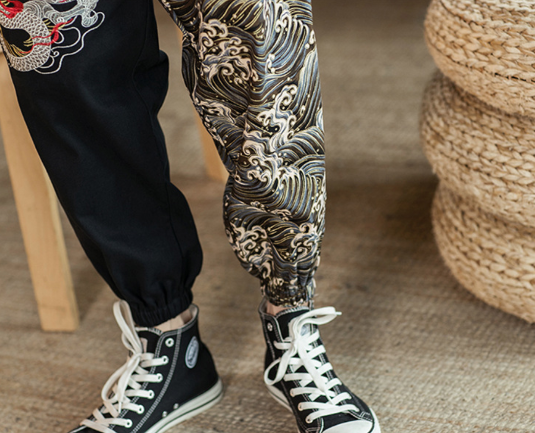 Embroidered silver dragon trousers
