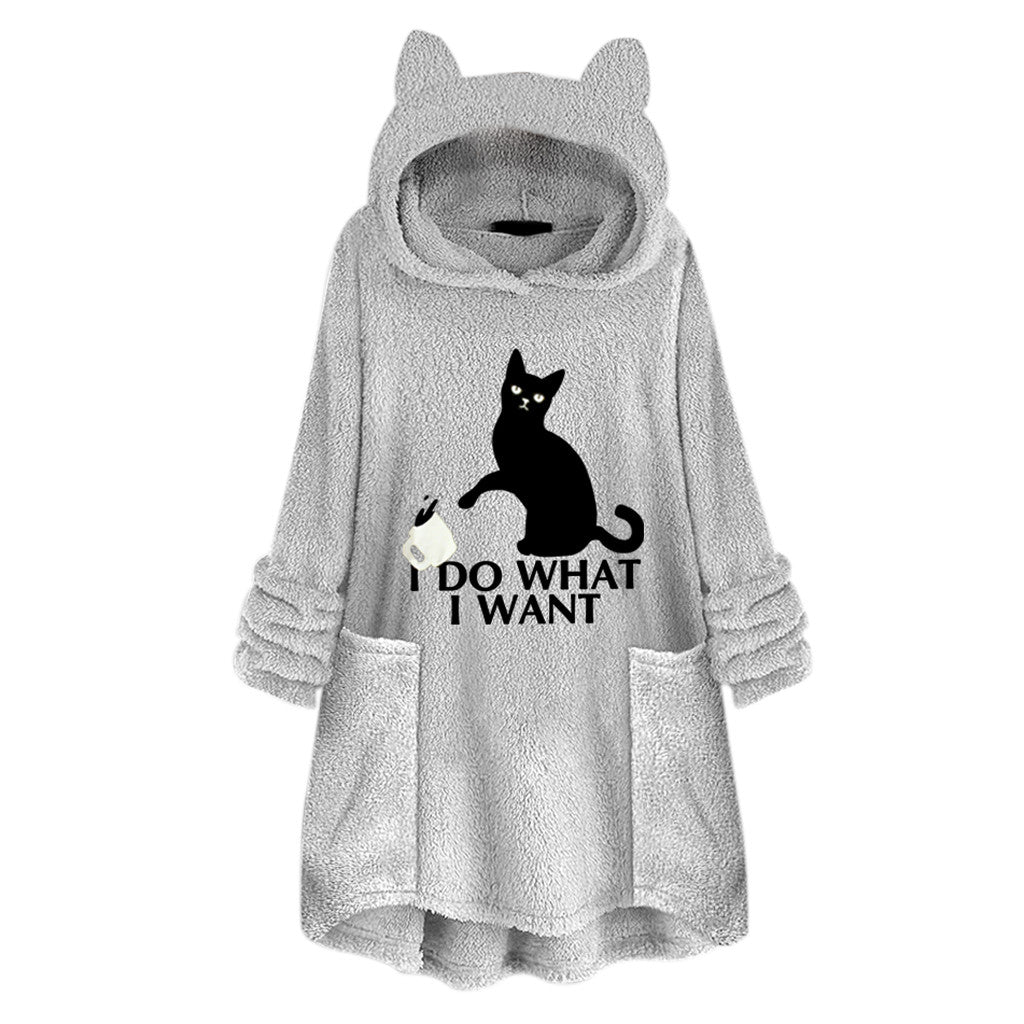 Hooded Pullover Cat Print Long Sleeved Reversible Velvet Sweater
